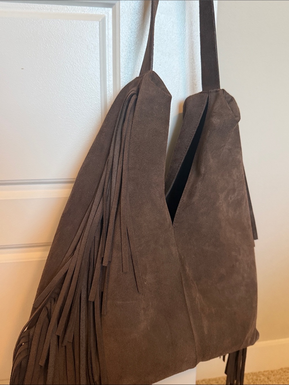 Dark Brown Suede Fringe Shoulder Bag Made in Italy - Picture 5 of 5